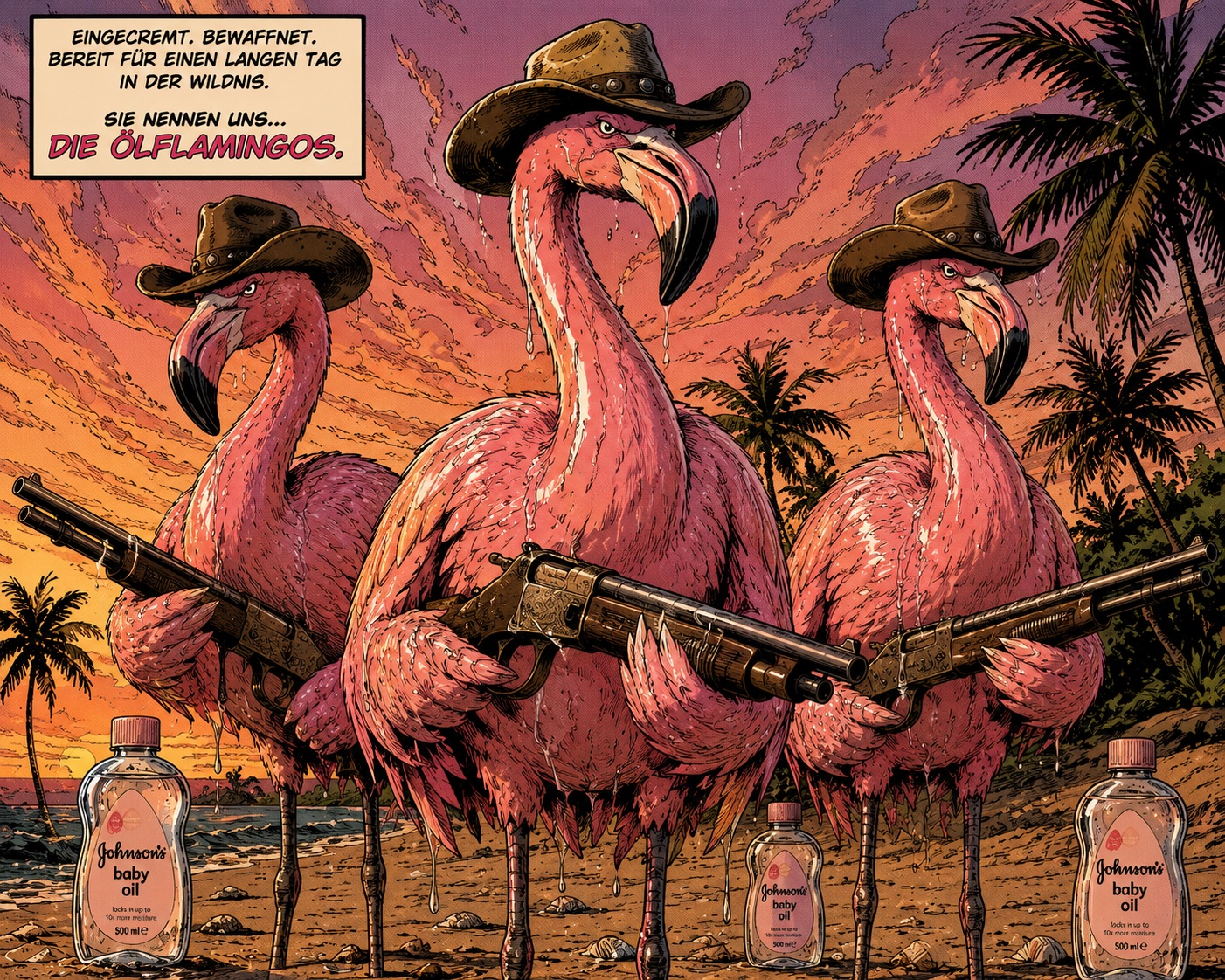 Die mit Babyöl eingecremten Flintenflamingos